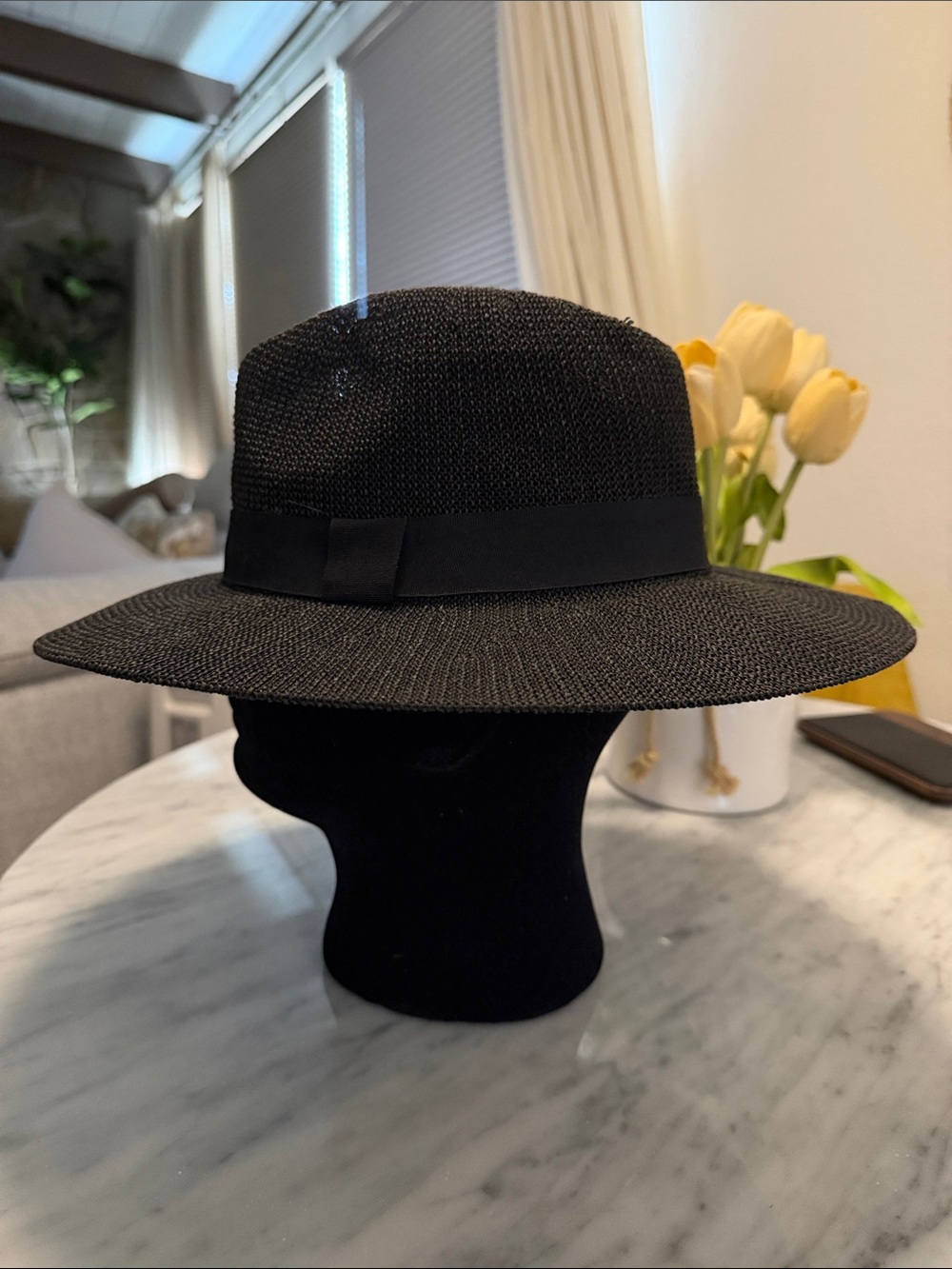 Men's Black Straw Fedora Hat - Classic Wide Brim